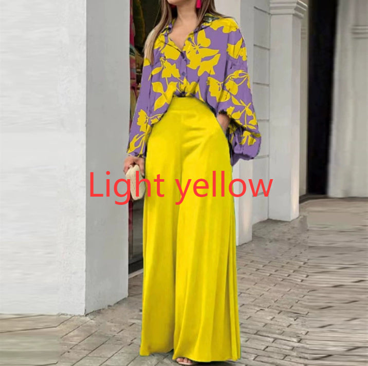 Flowers Print Suits Fashion Casual Button-up Long-sleeved Shirt And Wide-leg Pants Loose Beach Trousers Set